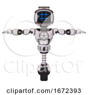 Poster, Art Print Of Bot Containing Digital Display Head And Hashtag Face And Led And Protection Bars And Light Chest Exoshielding And Chest Valve Crank And Unicycle Wheel White Halftone Toon T-Pose