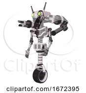 Robot Containing Dual Retro Camera Head And Cyborg Antenna Head And Light Chest Exoshielding And Minigun Back Assembly And No Chest Plating And Unicycle Wheel White Halftone Toon Facing Right View