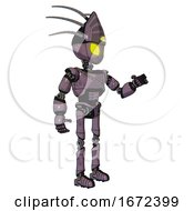 Poster, Art Print Of Automaton Containing Grey Alien Style Head And Yellow Eyes And Eyeball Creature Crown And Light Chest Exoshielding And Cable Sash And Ultralight Foot Exosuit Lilac Metal Interacting