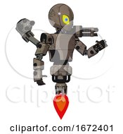 Poster, Art Print Of Bot Containing Grey Alien Style Head And Yellow Eyes With Blue Pupils And Light Chest Exoshielding And Prototype Exoplate Chest And Minigun Back Assembly And Jet Propulsion Patent Khaki Metal