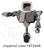 Poster, Art Print Of Droid Containing Old Computer Monitor And Magenta Symbol Display And Heavy Upper Chest And Heavy Mech Chest And Green Cable Sockets Array And Unicycle Wheel Light Pink Beige