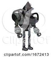 Poster, Art Print Of Droid Containing Grey Alien Style Head And Electric Eyes And Alien Bug Creature Hat And Heavy Upper Chest And Ultralight Foot Exosuit Patent Concrete Gray Metal Facing Left View