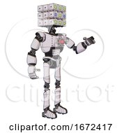 Poster, Art Print Of Bot Containing Dual Retro Camera Head And Cube Array Head And Light Chest Exoshielding And Red Energy Core And Ultralight Foot Exosuit White Halftone Toon Interacting