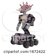 Bot Containing Red And White Cone Dome Head And Light Chest Exoshielding And Yellow Star And Rocket Pack And Six Wheeler Base Dark Sketch Random Doodle Facing Right View