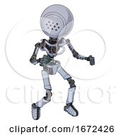 Poster, Art Print Of Mech Containing Dots Array Face And Light Chest Exoshielding And No Chest Plating And Ultralight Foot Exosuit Blue Tint Toon Fight Or Defense Pose