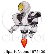 Poster, Art Print Of Automaton Containing Round Head Yellow Happy Face And Heavy Upper Chest And Heavy Mech Chest And Jet Propulsion White Halftone Toon Facing Right View