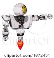 Poster, Art Print Of Automaton Containing Round Head Yellow Happy Face And Heavy Upper Chest And Heavy Mech Chest And Jet Propulsion White Halftone Toon Pointing Left Or Pushing A Button