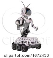 Poster, Art Print Of Mech Containing Digital Display Head And Circle Eyes And Retro Antennas And Light Chest Exoshielding And Ultralight Chest Exosuit And Rocket Pack And Six-Wheeler Base White Halftone Toon
