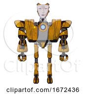 Poster, Art Print Of Mech Containing Humanoid Face Mask And Spiral Design And Heavy Upper Chest And Heavy Mech Chest And Blue Energy Fission Element Chest And Ultralight Foot Exosuit Worn Construction Yellow Front View