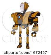 Poster, Art Print Of Mech Containing Humanoid Face Mask And Spiral Design And Heavy Upper Chest And Heavy Mech Chest And Blue Energy Fission Element Chest And Ultralight Foot Exosuit Worn Construction Yellow