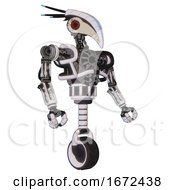 Poster, Art Print Of Bot Containing Bird Skull Head And Red Led Circle Eyes And Head Shield Design And Heavy Upper Chest And No Chest Plating And Unicycle Wheel White Halftone Toon Facing Left View