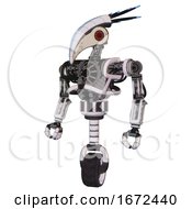 Poster, Art Print Of Bot Containing Bird Skull Head And Red Led Circle Eyes And Head Shield Design And Heavy Upper Chest And No Chest Plating And Unicycle Wheel White Halftone Toon Standing Looking Right Restful Pose