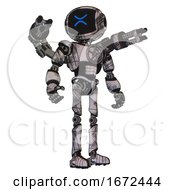 Poster, Art Print Of Robot Containing Digital Display Head And Wince Symbol Expression And Light Chest Exoshielding And Chest Valve Crank And Minigun Back Assembly And Ultralight Foot Exosuit Scribble Sketch Hero Pose