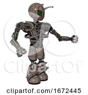 Poster, Art Print Of Mech Containing Grey Alien Style Head And Led Array Eyes And Bug Antennas And Heavy Upper Chest And No Chest Plating And Light Leg Exoshielding And Spike Foot Mod Patent Khaki Metal Interacting
