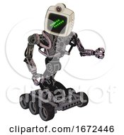 Poster, Art Print Of Cyborg Containing Old Computer Monitor And Double Backslash Pixel Design And Retro-Futuristic Webcam And Heavy Upper Chest And No Chest Plating And Six-Wheeler Base Gray Metal