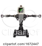 Poster, Art Print Of Cyborg Containing Old Computer Monitor And Double Backslash Pixel Design And Retro-Futuristic Webcam And Heavy Upper Chest And No Chest Plating And Six-Wheeler Base Gray Metal T-Pose