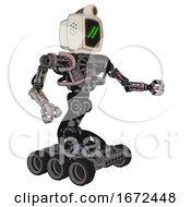 Poster, Art Print Of Cyborg Containing Old Computer Monitor And Double Backslash Pixel Design And Retro-Futuristic Webcam And Heavy Upper Chest And No Chest Plating And Six-Wheeler Base Gray Metal Interacting