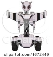 Poster, Art Print Of Cyborg Containing Grey Alien Style Head And Metal Grate Eyes And Bug Antennas And Light Chest Exoshielding And Ultralight Chest Exosuit And Stellar Jet Wing Rocket Pack And Tank Tracks
