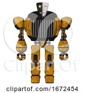 Automaton Containing Humanoid Face Mask And Two Face Black White Mask And Heavy Upper Chest And Chest Vents And Prototype Exoplate Legs Worn Construction Yellow Front View