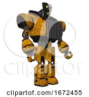 Poster, Art Print Of Automaton Containing Humanoid Face Mask And Two-Face Black White Mask And Heavy Upper Chest And Chest Vents And Prototype Exoplate Legs Worn Construction Yellow Facing Left View