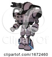Poster, Art Print Of Bot Containing Gatling Gun Face Design And Heavy Upper Chest And Chest Energy Sockets And Light Leg Exoshielding And Megneto-Hovers Foot Mod Dark Sketch Facing Right View