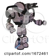Poster, Art Print Of Bot Containing Gatling Gun Face Design And Heavy Upper Chest And Chest Energy Sockets And Light Leg Exoshielding And Megneto-Hovers Foot Mod Dark Sketch Interacting