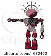 Robot Containing Oval Wide Head And Blue Led Eyes And Techno Halo Ornament And Heavy Upper Chest And No Chest Plating And Light Leg Exoshielding Fire Engine Red Halftone