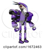 Poster, Art Print Of Android Containing Bird Skull Head And Red Line Eyes And Head Shield Design And Heavy Upper Chest And Heavy Mech Chest And Ultralight Foot Exosuit Secondary Purple Halftone Facing Left View