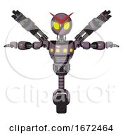 Poster, Art Print Of Automaton Containing Grey Alien Style Head And Yellow Eyes And Light Chest Exoshielding And Yellow Chest Lights And Minigun Back Assembly And Unicycle Wheel Lilac Metal T-Pose