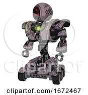 Automaton Containing Three Led Eyes Round Head And Heavy Upper Chest And Heavy Mech Chest And Green Energy Core And Six Wheeler Base Dark Sketchy Standing Looking Right Restful Pose