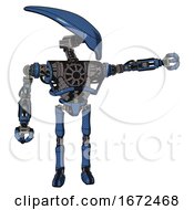 Droid Containing Flat Elongated Skull Head And Heavy Upper Chest And No Chest Plating And Ultralight Foot Exosuit Blue Halftone Pointing Left Or Pushing A Button