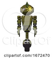 Poster, Art Print Of Droid Containing Oval Wide Head And Sunshine Patch Eye And Techno Mohawk And Light Chest Exoshielding And Prototype Exoplate Chest And Unicycle Wheel Army Green Halftone Front View