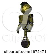 Poster, Art Print Of Droid Containing Oval Wide Head And Sunshine Patch Eye And Techno Mohawk And Light Chest Exoshielding And Prototype Exoplate Chest And Unicycle Wheel Army Green Halftone Facing Right View