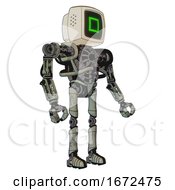 Poster, Art Print Of Mech Containing Old Computer Monitor And Pixel Square Design And Heavy Upper Chest And No Chest Plating And Ultralight Foot Exosuit Green Metal Facing Left View