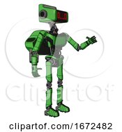 Robot Containing Dual Retro Camera Head And Clock Radio Head And Light Chest Exoshielding And Ultralight Chest Exosuit And Rocket Pack And Ultralight Foot Exosuit Secondary Green Halftone