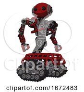 Cyborg Containing Oval Wide Head And Beady Black Eyes And Steampunk Iron Bands With Bolts And Heavy Upper Chest And No Chest Plating And Tank Tracks Dark Red Hero Pose