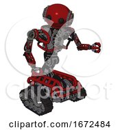 Poster, Art Print Of Cyborg Containing Oval Wide Head And Beady Black Eyes And Steampunk Iron Bands With Bolts And Heavy Upper Chest And No Chest Plating And Tank Tracks Dark Red Fight Or Defense Pose