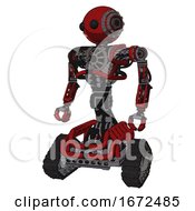 Cyborg Containing Oval Wide Head And Beady Black Eyes And Steampunk Iron Bands With Bolts And Heavy Upper Chest And No Chest Plating And Tank Tracks Dark Red Standing Looking Right Restful Pose