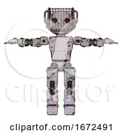 Poster, Art Print Of Mech Containing Oval Wide Head And Small Red Led Eyes And Barbed Wire Visor Helmet And Light Chest Exoshielding And Prototype Exoplate Chest And Prototype Exoplate Legs Grunge Sketch Dots T-Pose