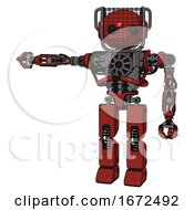 Poster, Art Print Of Bot Containing Oval Wide Head And Beady Black Eyes And Barbed Wire Visor Helmet And Heavy Upper Chest And No Chest Plating And Prototype Exoplate Legs Cherry Tomato Red