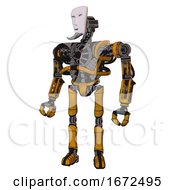 Poster, Art Print Of Droid Containing Humanoid Face Mask And Heavy Upper Chest And No Chest Plating And Ultralight Foot Exosuit Worn Construction Yellow Standing Looking Right Restful Pose