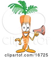 Poster, Art Print Of Orange Carrot Mascot Cartoon Character Preparing To Make An Announcement With A Megaphone Bullhorn