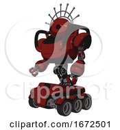 Poster, Art Print Of Bot Containing Oval Wide Head And Techno Halo Ornament And Heavy Upper Chest And Six-Wheeler Base Matted Red Facing Right View