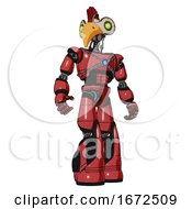 Poster, Art Print Of Android Containing Bird Skull Head And Green Eyes And Chicken Design And Light Chest Exoshielding And Blue Energy Core And Light Leg Exoshielding And Stomper Foot Mod Primary Red Halftone Hero Pose