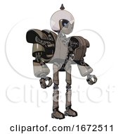 Poster, Art Print Of Droid Containing Grey Alien Style Head And Electric Eyes And Helmet And Heavy Upper Chest And Heavy Mech Chest And Ultralight Foot Exosuit Patent Khaki Metal Facing Left View
