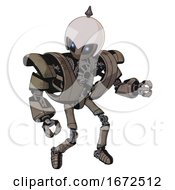 Poster, Art Print Of Droid Containing Grey Alien Style Head And Electric Eyes And Helmet And Heavy Upper Chest And Heavy Mech Chest And Ultralight Foot Exosuit Patent Khaki Metal Fight Or Defense Pose