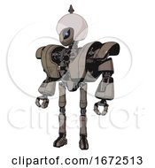 Droid Containing Grey Alien Style Head And Electric Eyes And Helmet And Heavy Upper Chest And Heavy Mech Chest And Ultralight Foot Exosuit Patent Khaki Metal Standing Looking Right Restful Pose