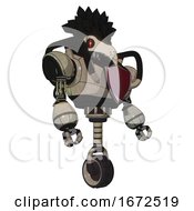 Poster, Art Print Of Bot Containing Bird Skull Head And Red Line Eyes And Crow Feather Design And Heavy Upper Chest And Red Shield Defense Design And Unicycle Wheel Grungy Fiberglass Facing Left View