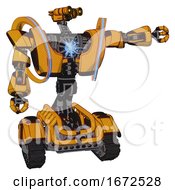 Mech Containing Dual Retro Camera Head And Simple Blue Telescopic Eye Head And Heavy Upper Chest And Heavy Mech Chest And Spectrum Fusion Core Chest And Tank Tracks Primary Yellow Halftone