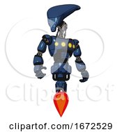 Poster, Art Print Of Robot Containing Flat Elongated Skull Head And Light Chest Exoshielding And Yellow Chest Lights And Jet Propulsion Dark Blue Halftone Hero Pose